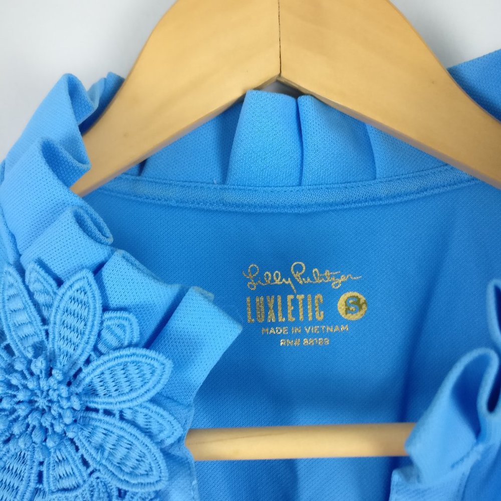 Lilly Pulitzer UPF 50+ Luxletic Frida Polo LSleeve S Blue Mandarinneck Crotchet - Picture 2 of 7